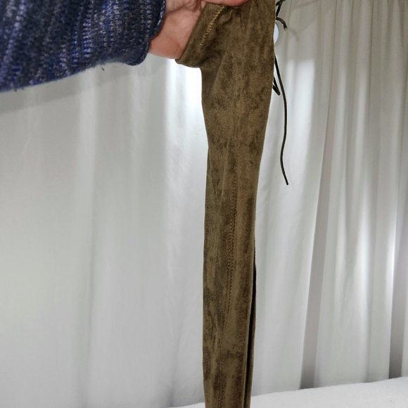 So Me Olive Green Open Toe Stretch Stocking OTK Thigh Boots 4" Chunky Heel - Picture 7 of 7